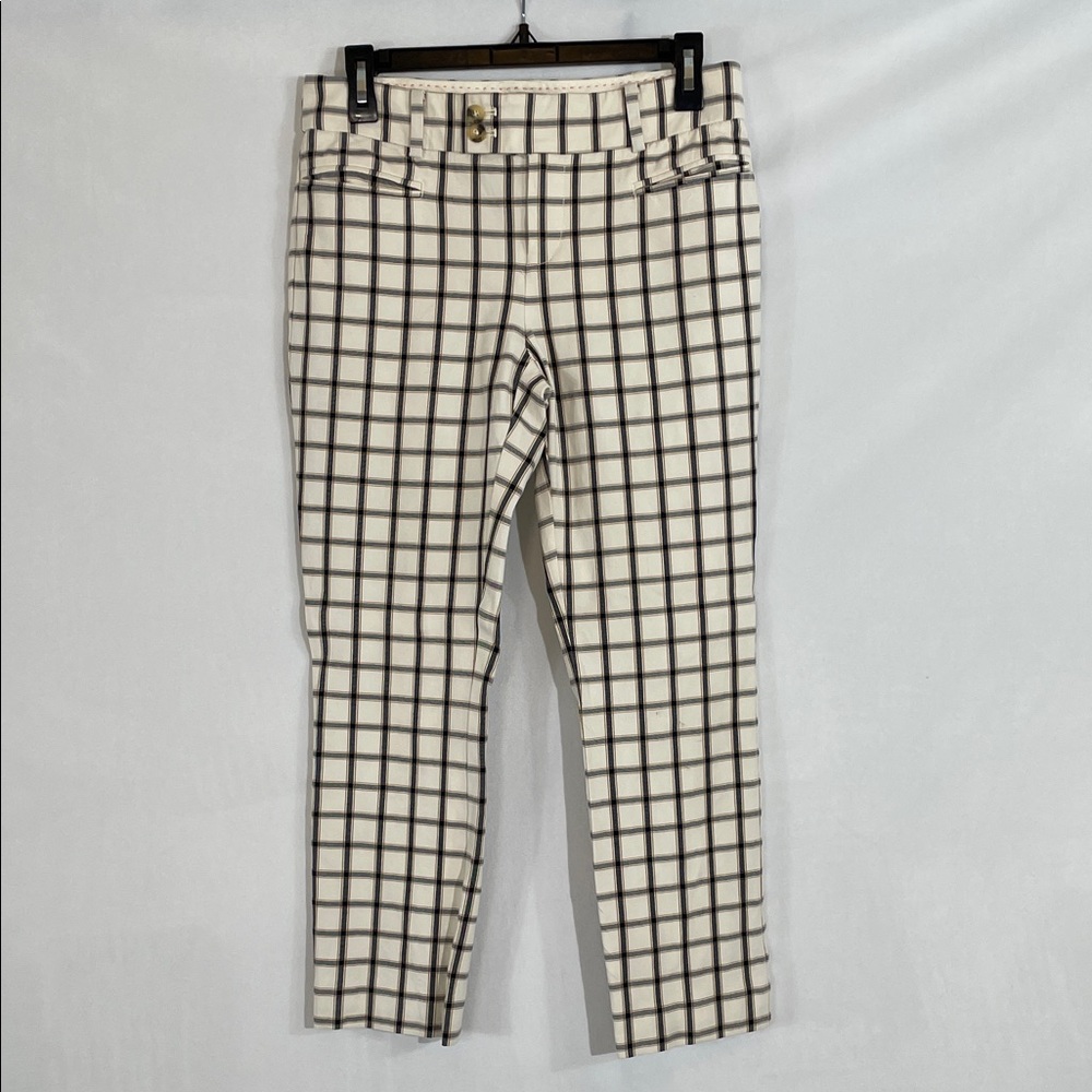 Anthropologie Essential Slim Trouser Pant Size 4 Cream Black Plaid